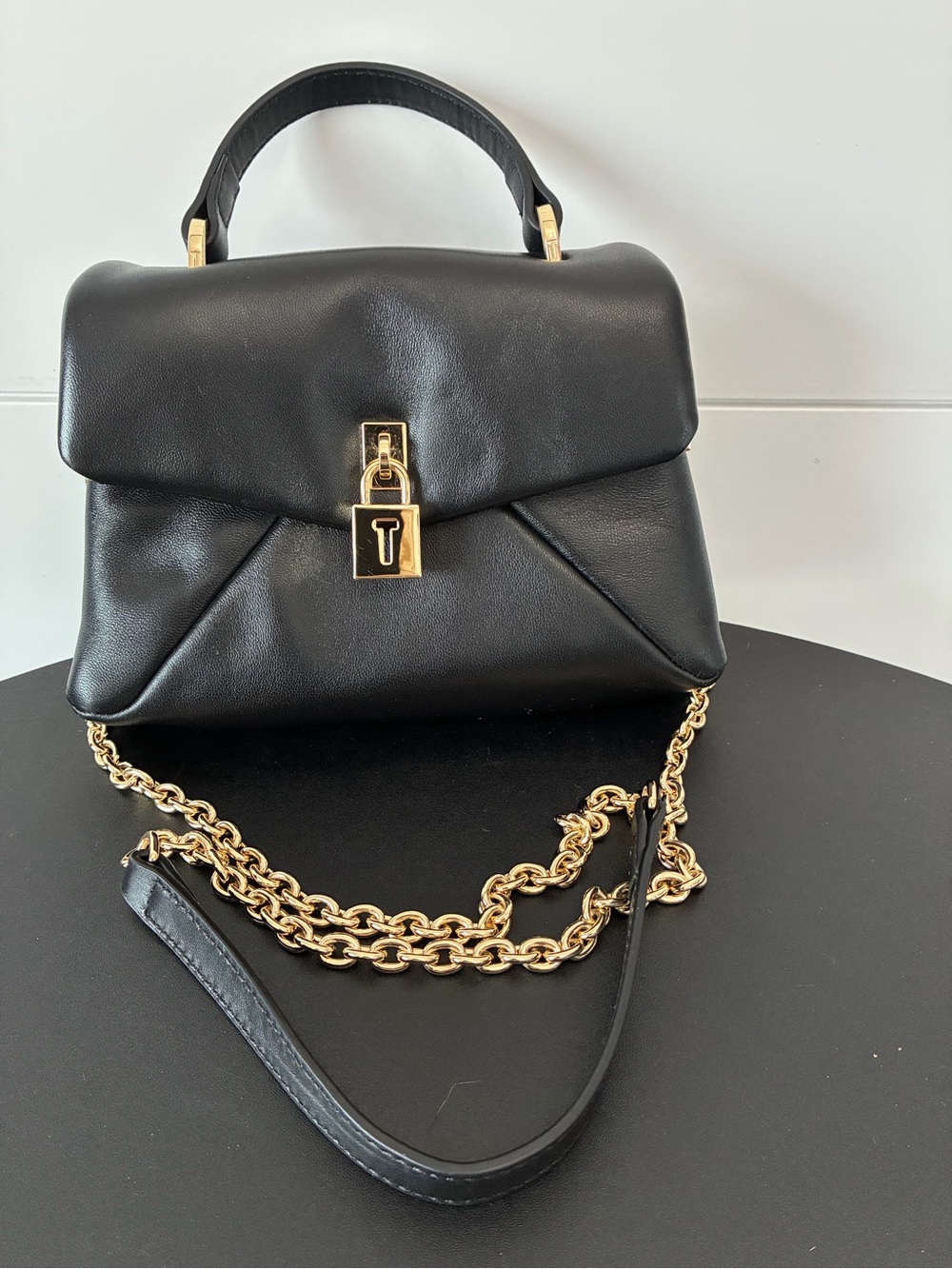 Black Leather Top-Handle Bag with Gold Chain Hardware